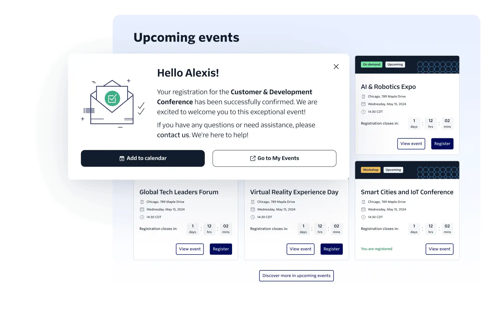 Screenshot of application interface showing registration confirmation for Customer & Development Conference in Chicago on May 15, 2024, with options to view events, register, and add events to calendar.
